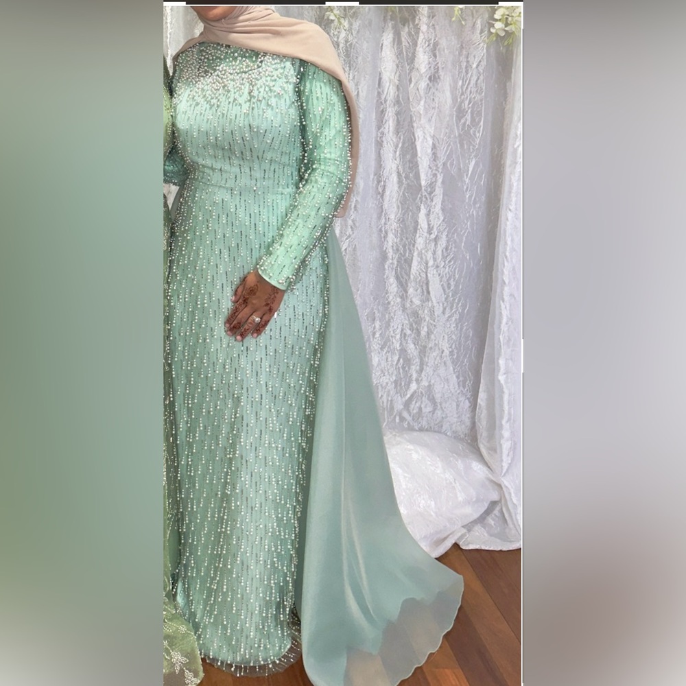 Elegant Modest Hijabi friendly Mint Green Beaded Dress